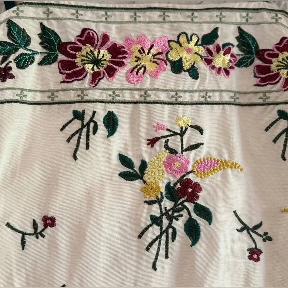 Embroidered Floral Slip Dress, Cream with Pink & Green Detail, Size Small - Picture 3 of 5